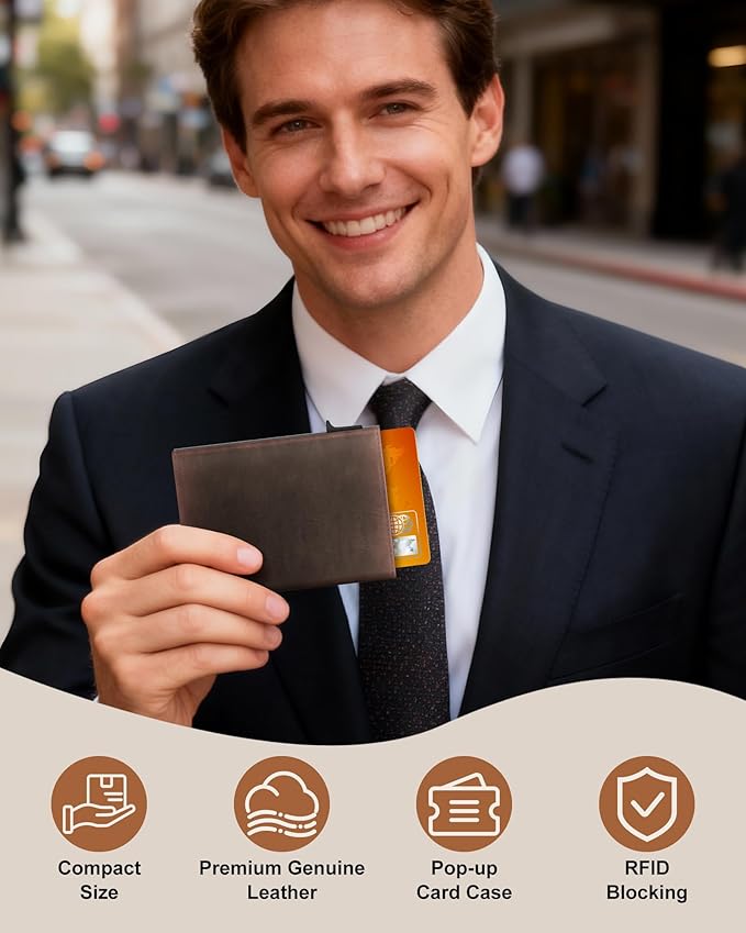 Wallet for Men Card Holder: Pop Up Card Case, RFID Blocking, Premium Genuine Leather, Slim, Minimalist, Front Pocket - 14 Card Capacity | ID Window | Cash Slot (Brown)