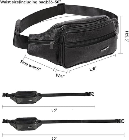 Genuine Leather Fanny Pack For Men and Women Multiple Pockets Waist Bag with Adjustable Strap for Travel Casual Sports Hiking Cycling Fishing Running Black Belt Bag