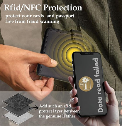 Genuine Leather Passport Holder for Travel - Rfid Passport Wallet with Hidden AirTag Slot, for 2 Passport Capacity, 2 Card Slots,for Men & Women & Family - Button Bifold Hidden Airtag Slot Style,Black