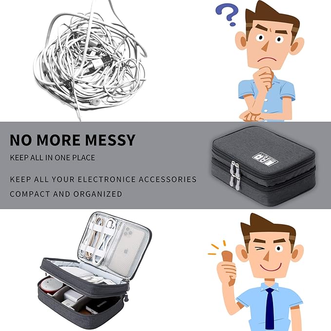 MIRLEWAIY Travel Cords Organizer Case Double-Layer Electronic Accessories Carrying Bag for Charger Cables Adapter USB Sticks Leads Memory Cards, Black