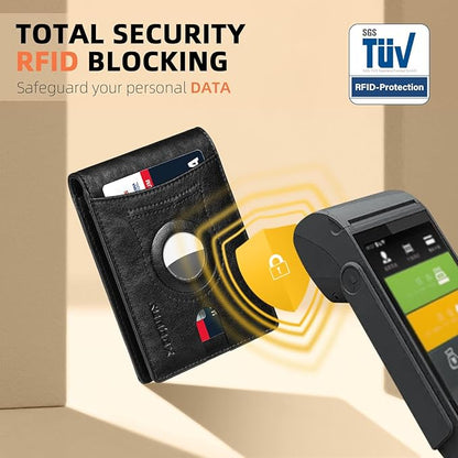 RUNBOX AirTag-Wallet-Mens-Slim-RFID Blocking Wallets Leather with Bill Compartment Air Tag Bifold Card Holder Wallet Gifts for Men Dad