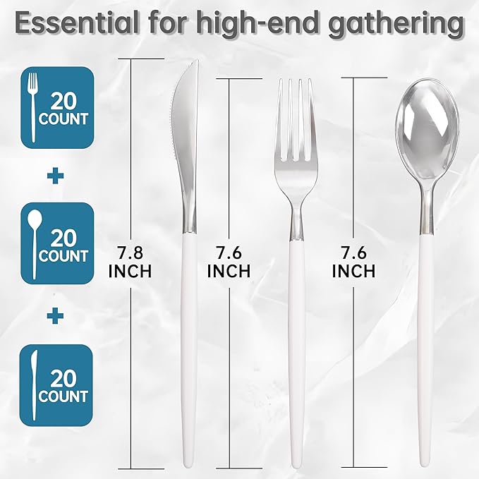 MirthMood 60 PCS Plastic Silverware,Disposable Silverware,Disposable Utensils Heavy Duty,Plastic Cutlery Set,Includes:20 Knives, Forks and Spoons for Party, Birthday,Wedding
