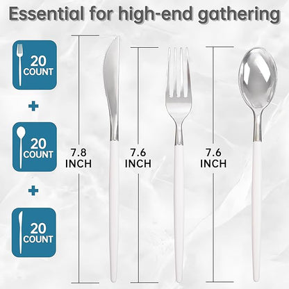 MirthMood 60 PCS Plastic Silverware,Disposable Silverware,Disposable Utensils Heavy Duty,Plastic Cutlery Set,Includes:20 Knives, Forks and Spoons for Party, Birthday,Wedding