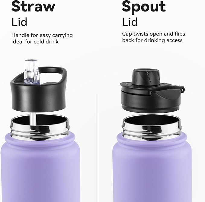 VEGOND 24oz Insulated Water Bottle with Straw Lid, Stainless Steel Metal Water Bottle with Straw & Wide Mouth Lid, Double Wall Vacuum Water Bottle for Hiking Camping, Lavender 8 Pack
