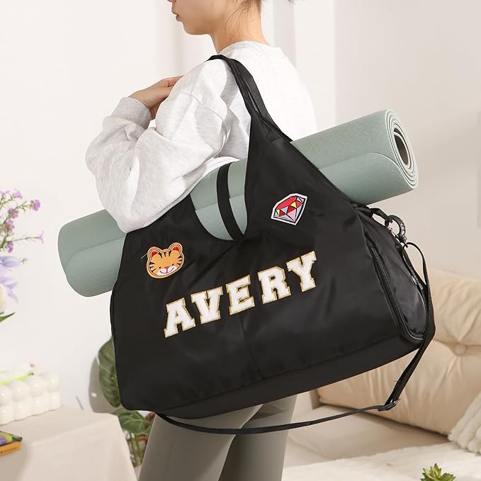 Personalized Duffel Bag Custom Sport Gym Travel Bags Embroidered Name Text Customized Dry Wet Separated Weekend Waterproof Bag for Women Men (C-Black)