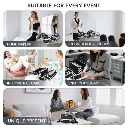 FRENESSA Makeup Train Case Makeup Case 12.6 Inch Large Cosmetic Box Organizer Travel Storage Professional Make Up Train Carrying Case with 6 Trays Locking Shoulder Strap Hard Vanity Storage Black