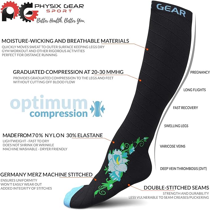 Physix Gear Compression Socks 20-30 mmHg - Men & Women - Running, Nurses, Shin Splints, Flight, Travel