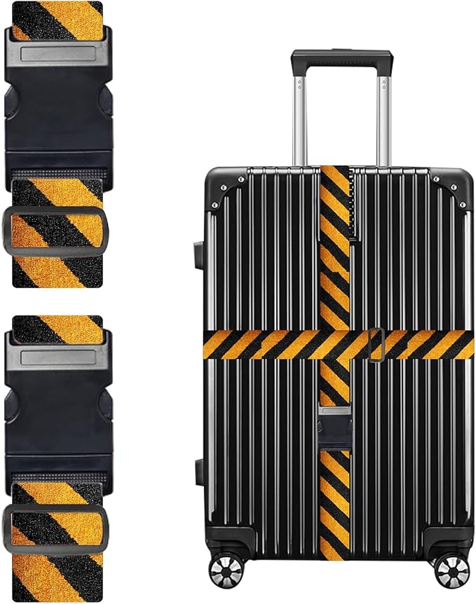 Nuxovilar Luggage Straps of 2 Set Black & Yellow Diagonal Stripes Pattern, 1.96x90.5 inches - Luggage Straps for Suitcases, Fit for Adventure Trips, Outdoor Travel, Daily Commute