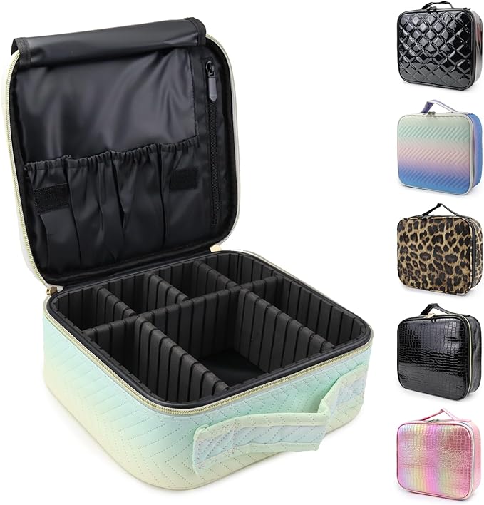 Travel Makeup Case 5 Layers Portable Makeup Train Case Cosmetic Bag Organizer Storage for Women with Adjustable Dividers and Shoulder Strap for Toiletry Travel Accessories(gradient green)