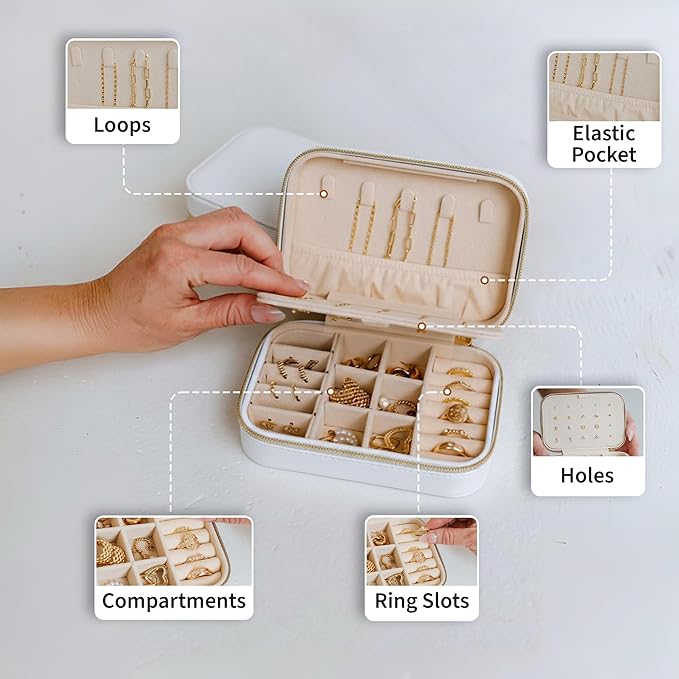 Small Travel Jewelry Box Organizer for women & Girls, Portable Small Travel Jewelry Case Organizer for Traveling, PU Leather Mini Box for Earrings, Necklaces, Rings, Bracelets - White