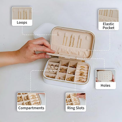 Small Travel Jewelry Box Organizer for women & Girls, Portable Small Travel Jewelry Case Organizer for Traveling, PU Leather Mini Box for Earrings, Necklaces, Rings, Bracelets - White