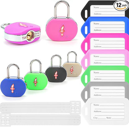 Lock for Luggage TSA Approved and 6 Tags, Luggage Lock with Key and Chrome Ring Around Body, Suit for Suitcase,Luggage,Backpack,Laptop Bag,Locker 6 Pack Color Mixed