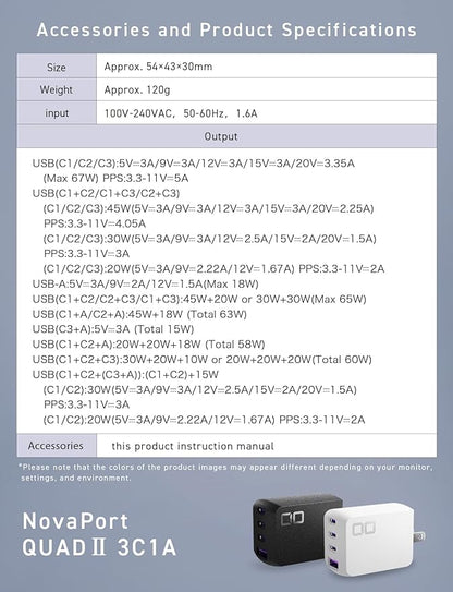 CIO 65W GaN Charger Block, Compact 4-Port Adapter with 3 USB-C Ports & 1 USB-A, Max 67W USBC Fast-Charging Multi-Device Wall Charger Block for Laptop/Phone/Tablet, NovaPort Quad II 67W3C1A (Black)