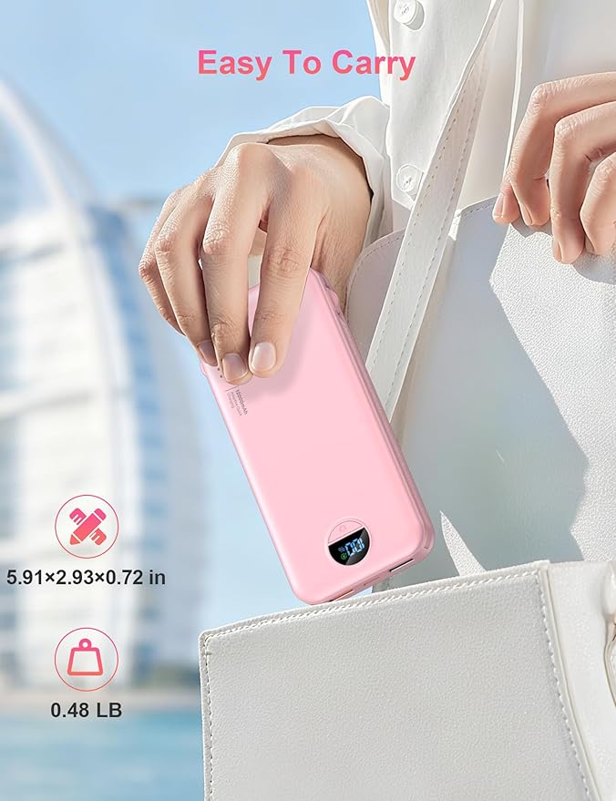 Portable Charger with Wall Plug, 12000mAh USB C Power Bank Fast Charging, External Battery Pack with Built in Cables, Digital Display, 5 Output 4 Input for iPhone Android Cell Phone Tablet