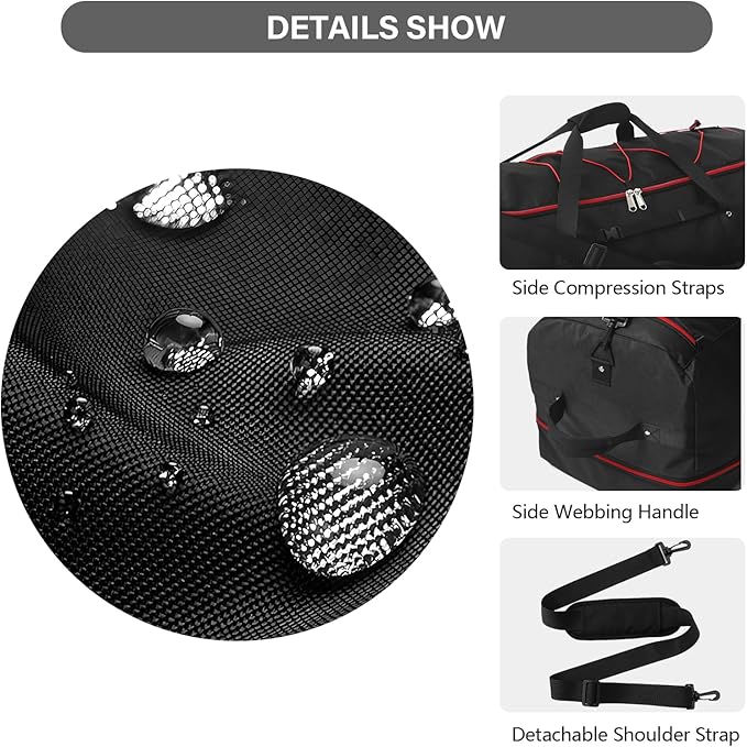 Vomgomfom 32" Soft-Sided Foldable Wheeled Travel Duffel Bag,Expandable 110L to 140L Rolling Cargo Bag with 2 Wheels and Multiple Pockets,Black-red