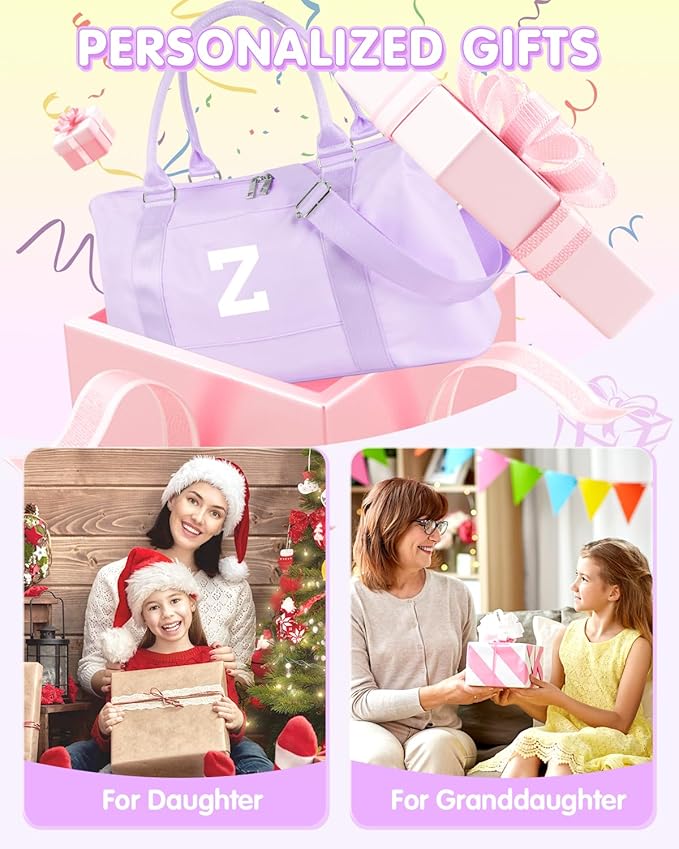Daughter Niece Gifts for Teen Girl Kids, Initial Travel Duffel Bag Sports Gym Bag Personalized Gifts Weekender Bag，Monogram Overnight Bag Cute Dance Bag Birthday Bridesmaid Gifts for Women(Purple, Z)