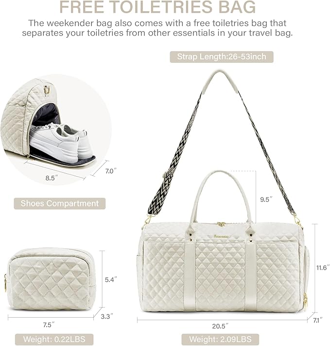 Duffle Bag for Travel,Personal Item Travel Bag with Toiletries Bags,Gym Bags for Men and Women with Wet Pocket & Shoes Compartment(White)