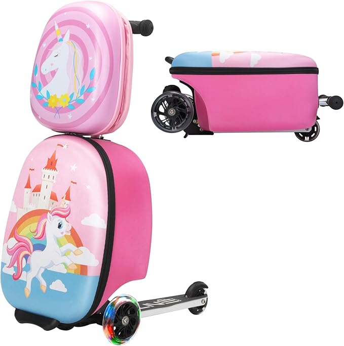 VLIVE Kids Scooter Luggage with Backpack 2-in-1 Set, 30L Ride-On Suitcase + 10L Backpack, Durable EVA Material, Lightweight Foldable, Wheels for Girls Aged 4-8, Unicorn Design