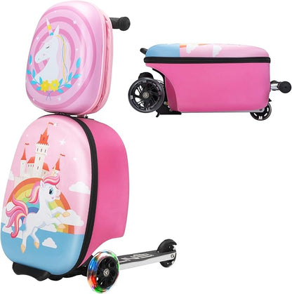 VLIVE Kids Scooter Luggage with Backpack 2-in-1 Set, 30L Ride-On Suitcase + 10L Backpack, Durable EVA Material, Lightweight Foldable, Wheels for Girls Aged 4-8, Unicorn Design