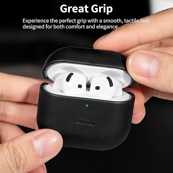 Belemay for AirPods 4 Case, Compatible with MagSafe, Luxury Full-Grain Vegetable-Tanned Smooth Leather, Unique Patina, Comfort Grip, Compatible with AirPods 4th Generation Case (2024) (USB-C), Black
