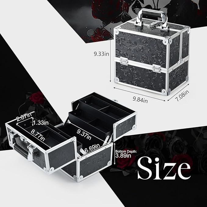 FRENESSA Makeup Train Case Cosmetic Box Portable Makeup Case Organizer 4 Trays Travel Case Storage with Dividers Lockable for Make up Artist Crafter Nail Kits Tools Black Floral