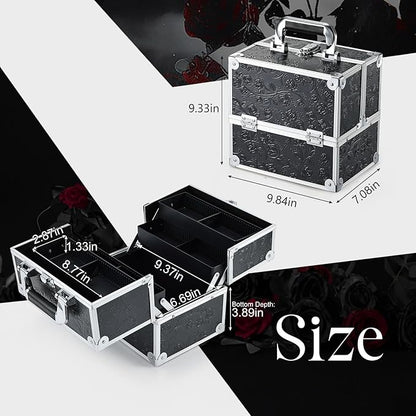 FRENESSA Makeup Train Case Cosmetic Box Portable Makeup Case Organizer 4 Trays Travel Case Storage with Dividers Lockable for Make up Artist Crafter Nail Kits Tools Black Floral