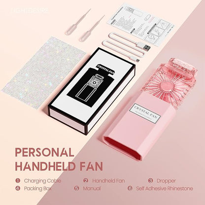 LIGHTDESIRE DIY Bling Crystal Rhinestones Handheld Fan, Mini Personal Cooler, Cooling Small Fans Rechargeable 3 Speeds Mode with Crystal Rhinestones Sticker Sheet(Pink Fan with DIY Diamon)- V1