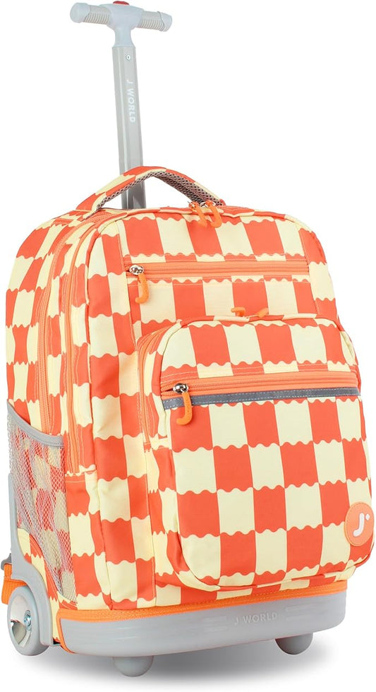 J World Sundance Laptop Rolling Backpack for Girls Boys. Roller Bookbag with Wheels, Wiggle Coral