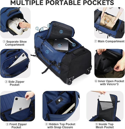 85L 29“ Foldable Rolling Backpack with Wheels, Soft-Side Travel Duffle Bag with Separate Shoe Compartment, Full Quilted Bottom, Navy Blue