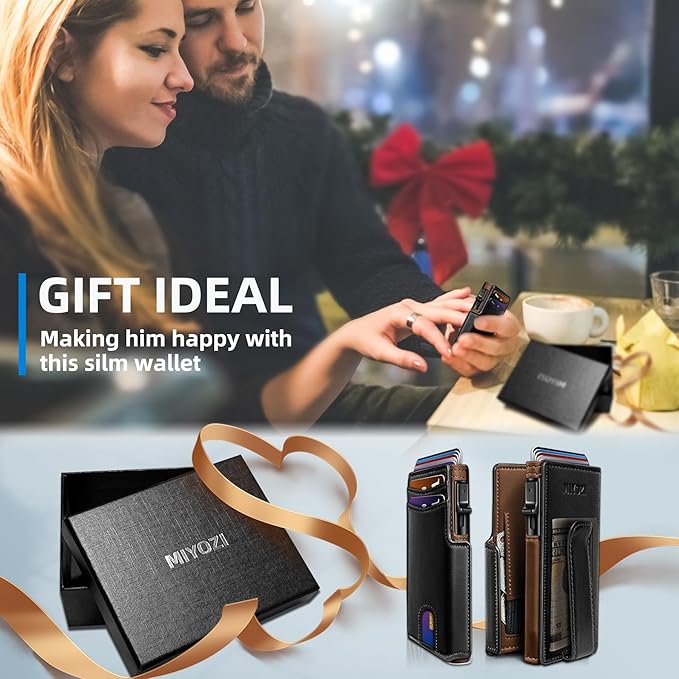 Men Wallet,with Money Clip Coins Pocket ID Window,Slim Front Pocket RFID Blocking Pop-up Card Holder 3.9"x 2.7", Gift Boxed
