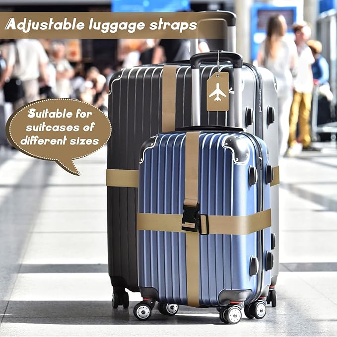 Weewooday 8 Pcs Luggage Straps Suitcase Tags Set for TSA Approved, 4 Travel Adjustable Suitcase Belt, 4 Silicone Luggage Tags with Name ID Card Travel Accessories(Khaki,Airplane)