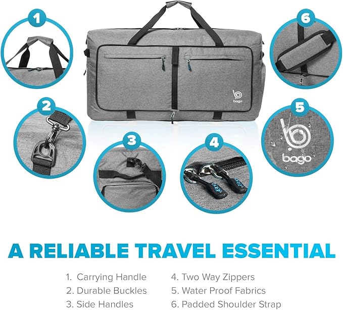 Bago Large Foldable Duffel Bags for Traveling Women & Men - 120L Packable Duffle Bag for Travel with Shoe Compartment - Water Repellant, Heavy Duty, Lightweight Folding & Collapsible (SnowGray)
