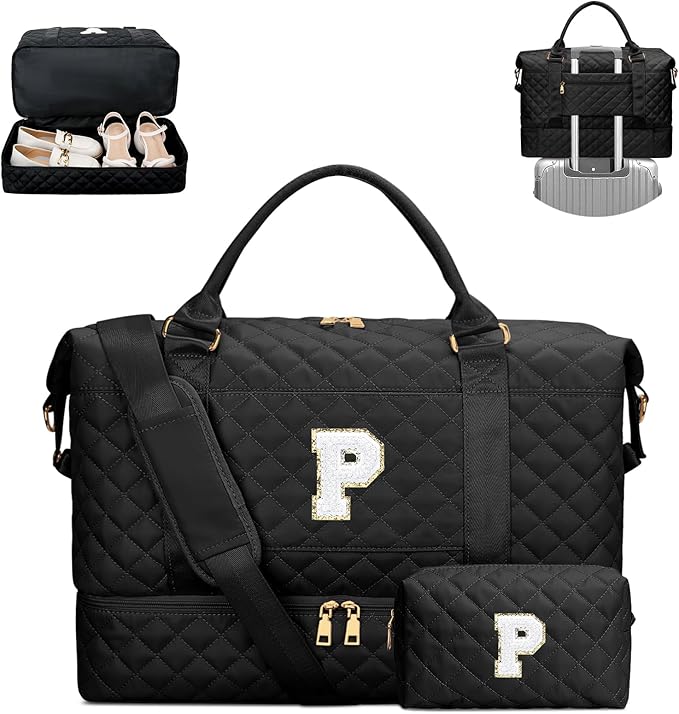 Gifts for Mom for Daughter Birthday Christmas Initial Travel Duffle Bag Quilted Weekender Bags Carry-On Overnight with Cosmetic Bag, Gym Bag with Shoe Compartment, Black P