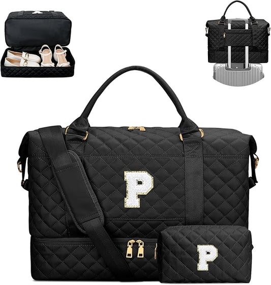 Gifts for Mom for Daughter Birthday Christmas Initial Travel Duffle Bag Quilted Weekender Bags Carry-On Overnight with Cosmetic Bag, Gym Bag with Shoe Compartment, Black P