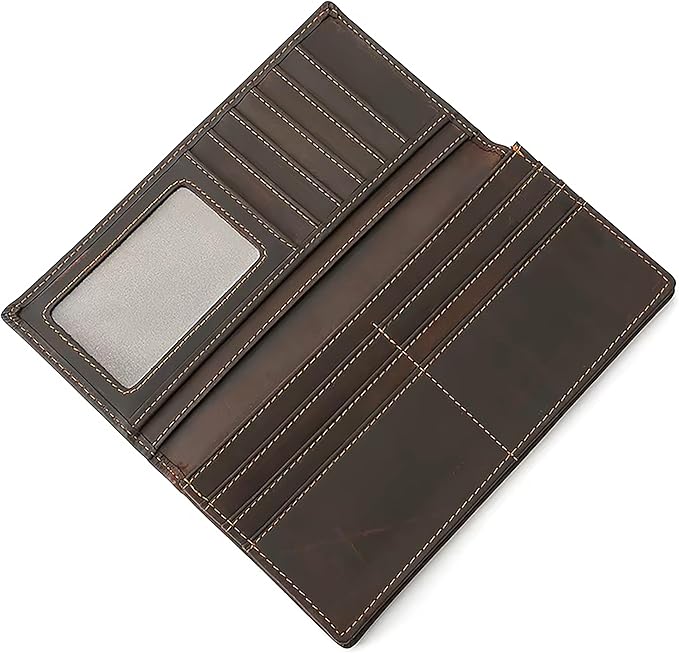 Leather Phone Wallet for Men RFID Blocking Long Wallet Genuine Crazy Horse Leather Coffee Brown Wallet with Card Slots ID Window Zipper Coin Pocket Cash Holder Travel Wallet