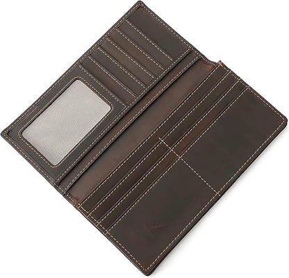 Leather Phone Wallet for Men RFID Blocking Long Wallet Genuine Crazy Horse Leather Coffee Brown Wallet with Card Slots ID Window Zipper Coin Pocket Cash Holder Travel Wallet