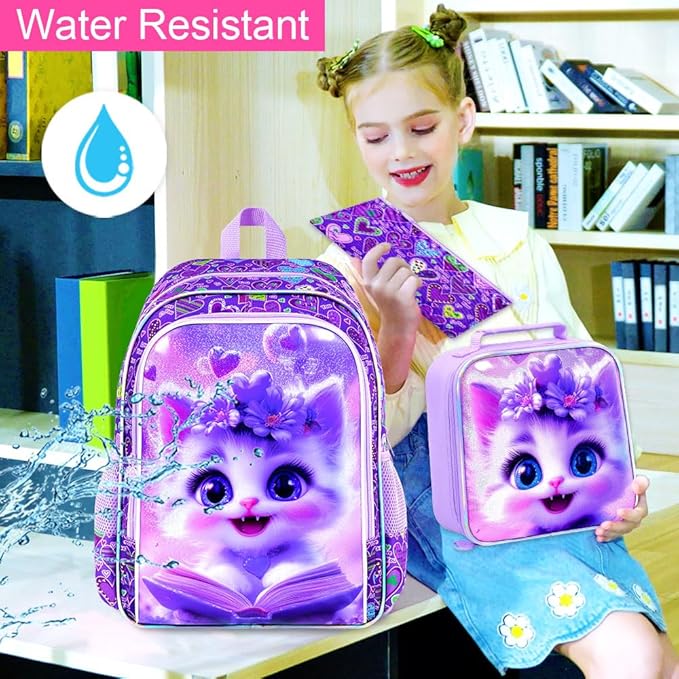WZLVO 3PCS Kids Cat Bookbag Set, 16" Glittery UV Printing Girls Backpack/School Bag with Lunch Box & Pencil Bag for Preschool to Elementary - Reading Cat Purple