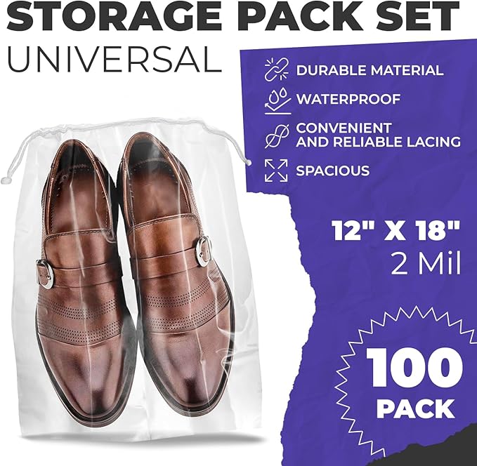 Clear Drawstring Bag, 12 x 18 Inches. Pack of 100 Clear Plastic Drawstring Bags. Waterproof 2 Mil Polyethylene Travel Bags for Shoes. Transparent Draw String Bag for Cosmetics, Toiletries