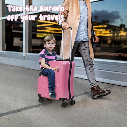 20" Ride on Suitcase for Kids, Kids Luggage with Seat Childrens' Carry Trolley Luggage with Lock & Safety Belt 360° Silent Wheels for Short Trips Pink