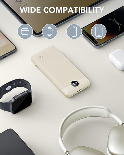 Portable Charger Built-in Cables and AC Wall Plug, USB C Power Bank 10000mAh, Travel Battery Portable Phone Charger Compact Lightweight External Battery Pack for Smart Phones, Tablets etc-Light Coffee