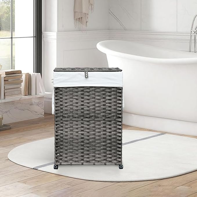 88L Slim Laundry Hamper with Wheels, 23.3 Gallon Rolling Laundry Basket with Lid, Tall and Narrow Laundry Hamper with 2 Removable Liner & 3 Mesh Bags, Laundry Sorter for Bathroom, Grey