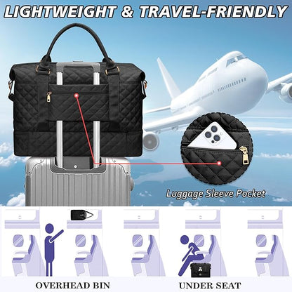 Gifts for Friend Women Girls Birthday Christmas Initial Travel Duffle Bag Quilted Weekender Bags Carry-On Overnight with Cosmetic Bag, Gym Bag with Shoe Compartment, Black R