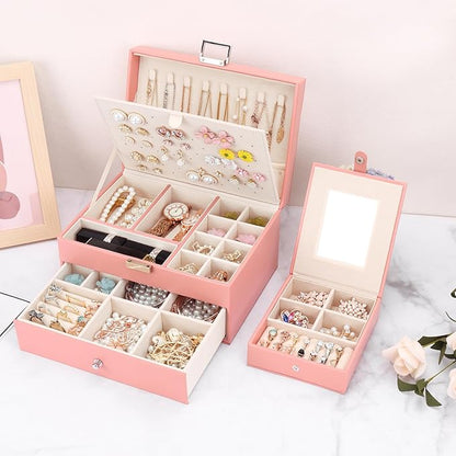 DesignSter Jewelry Organizer Box, 2 Layers Large Jewelry Box with Travel Jewelry Case, Leather Jewelry Storage Case for Rings Earrings Bracelets Necklaces (Pink)