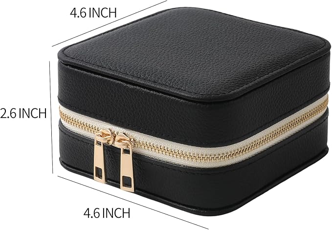 Genuine Leather Travel Jewelry Organizer Case with Mirror for Women, Small Mini Portable Jewelry Box for Ring Earrings Necklace Bracelet Luxury Gift for Women（Black）