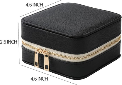 Genuine Leather Travel Jewelry Organizer Case with Mirror for Women, Small Mini Portable Jewelry Box for Ring Earrings Necklace Bracelet Luxury Gift for Women（Black）