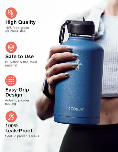 Water Bottle Insulated 64 oz with Straw & 3 Lids, Coolflask Half Gallon Water Jug Large Metal Stainless Steel Wide Mouth for Sports, Gym or Office, Non-BPA Keep Cold 48H Hot 24H, King's Blue