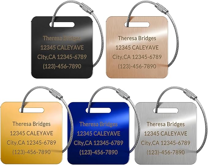 (5pcs) Made in USA Personalized Engraved Luggage tag-Custom Luggage Metal Tags for Unique Suitcase & Backpack Travel, Durable, Waterproof & Heavy Duty ((2×2) Blue)