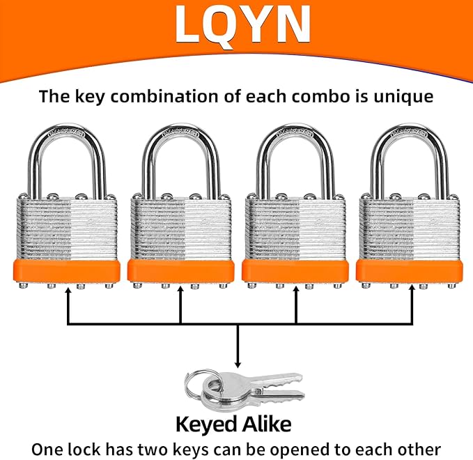 Padlocks with Same Key, LQYN 6 Pcs Laminated Keyed Padlock (1-9/16", 40mm), Keyed Alike Locks, Normal Shackle, for Storage Locker, Hasp Latch, Toolbox, Sheds