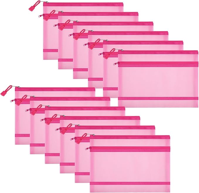 12 Pieces Zipper Nylon Mesh Pouch, Mesh Cosmetic Bags Makeup Bags Pencil Case, Multipurpose Travel Bags for Cosmetic School Office Supplies and Travel Accessories (2 Layers-Pink, A5)