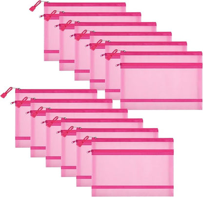 12 Pieces Zipper Nylon Mesh Pouch, Mesh Cosmetic Bags Makeup Bags Pencil Case, Multipurpose Travel Bags for Cosmetic School Office Supplies and Travel Accessories (2 Layers-Pink, A5)